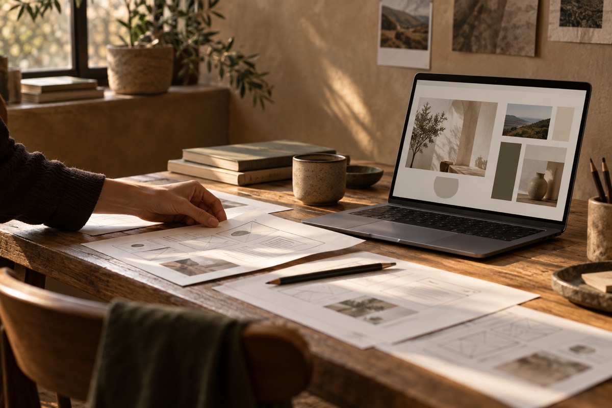 A warmly lit desk with a website design in progress